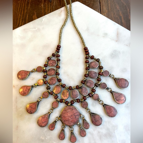 Pink Afghan Kuchi Necklace/ Handmade Pink Colored Stone Beaded Necklace/Boho - Picture 7 of 14